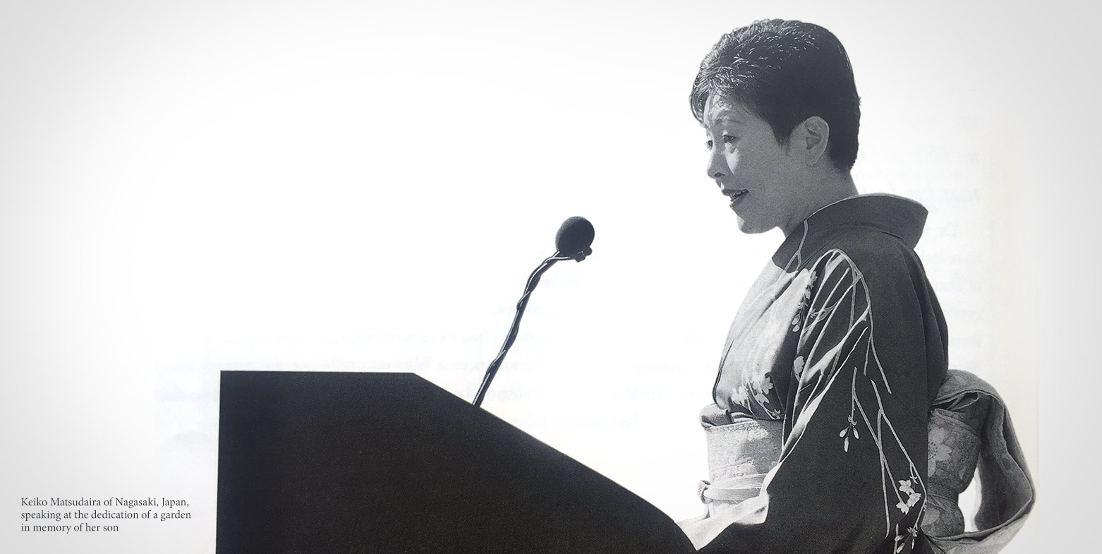 Keiko Matsudaira of Nagasaki, Japan, speaking at the dedication of a garden in memory of her son